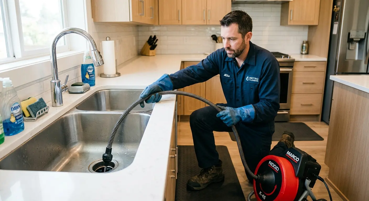 Drain cleaning technician using a motorized snake on a kitchen sink in Wolfeboro