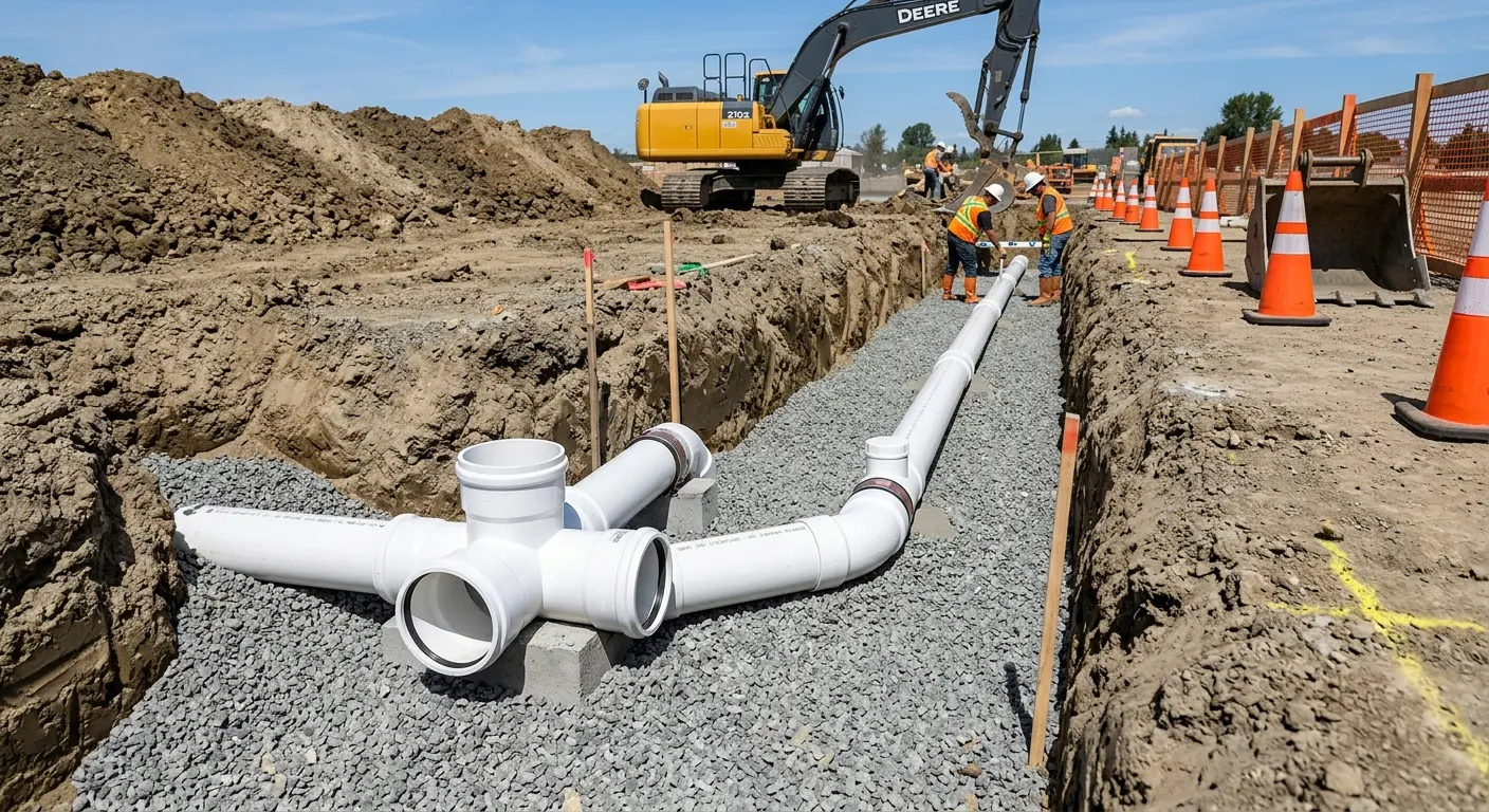 New PVC sewer pipe installation in open trench for Commercial Drain Cleaning in Wolfeboro