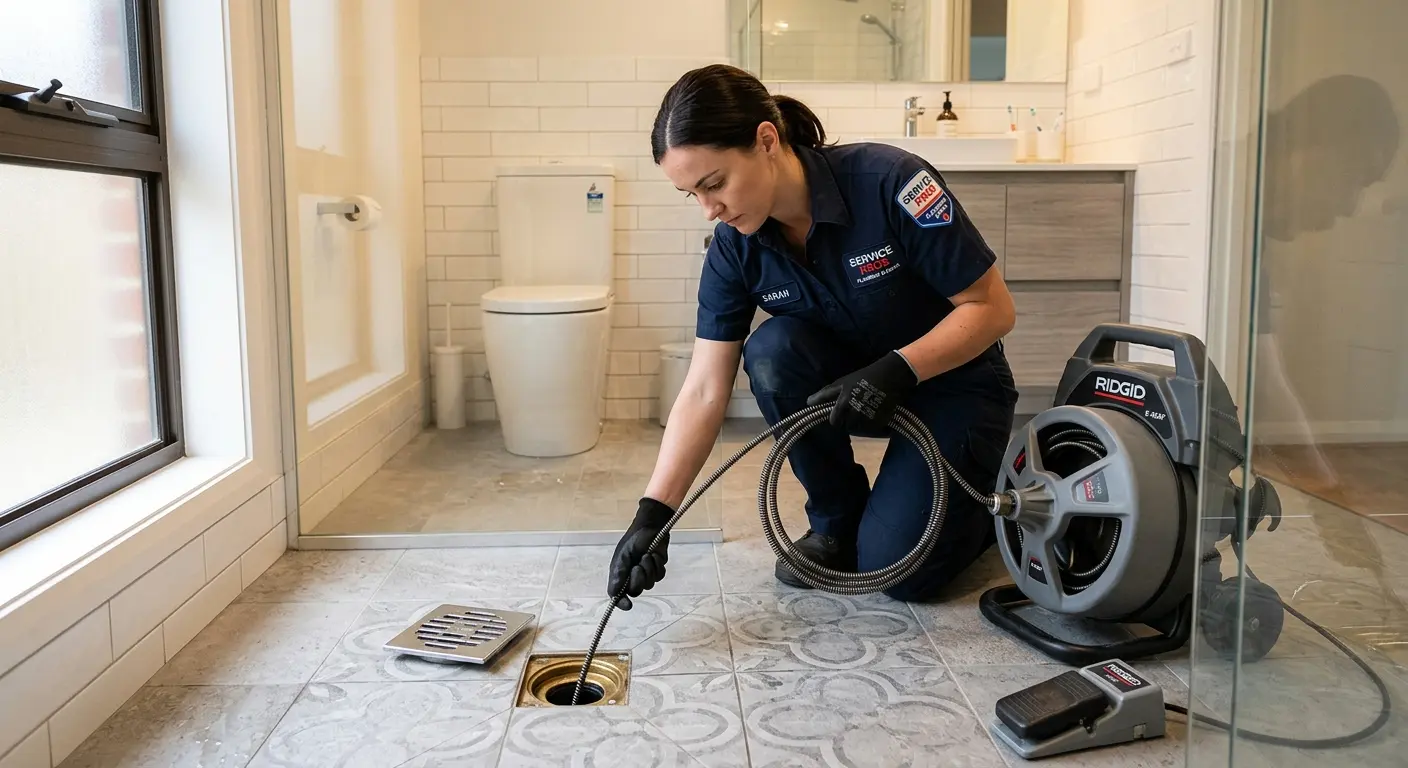 Technician clearing a bathroom floor drain for Hydro Jetting in Wolfeboro